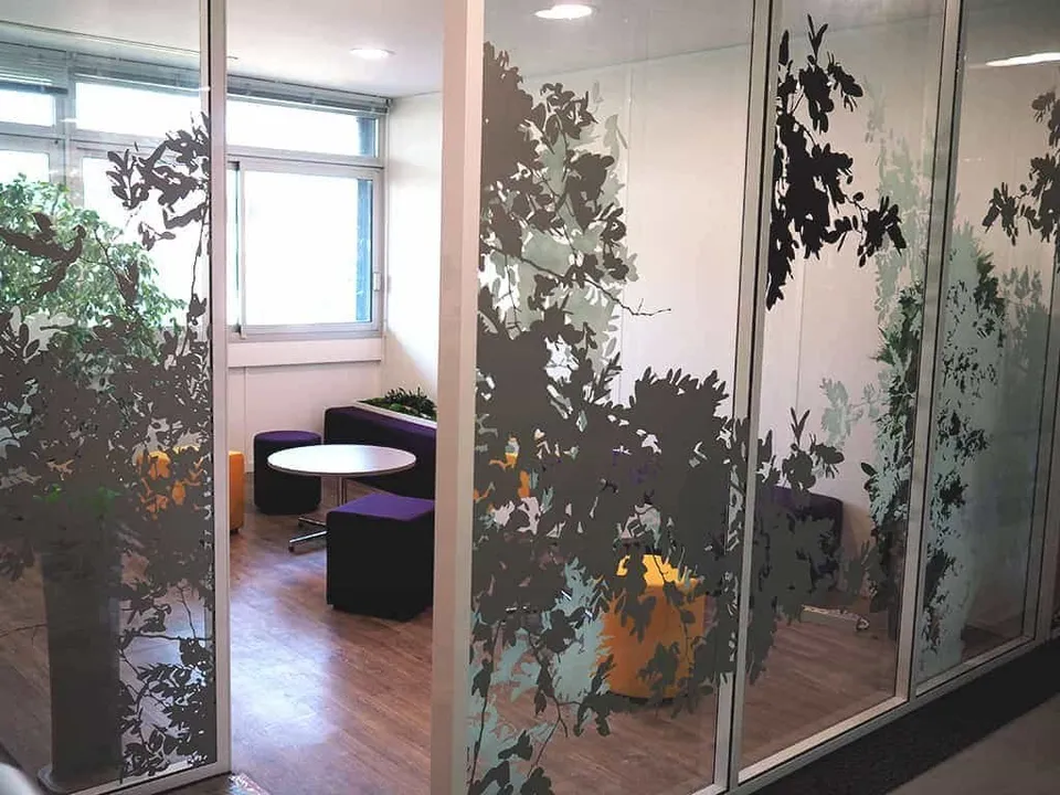 Cloisons vitrées de bureaux habillées de feuillages imprimés gris sur fond dépoli